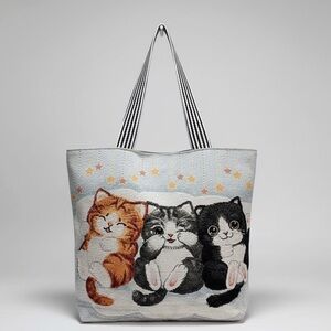 Cat-Themed Tote Bag with Striped Handles